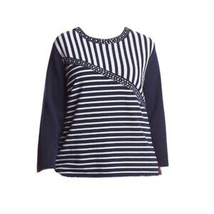 Alfred Dunner Navy White Silver Strip 3/4 Sleeve Knit Top Petite Medium - NWT